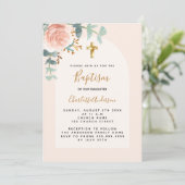 Invitation Rose or rose floral fille croiser Baptême (Debout devant)