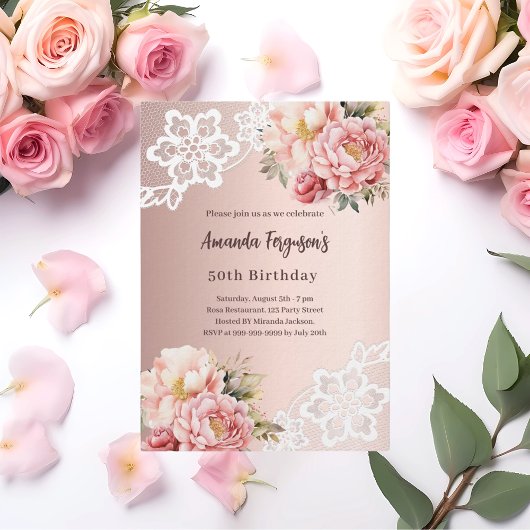 Invitation Rose or rose florale dentelle 50e anniversaire lux