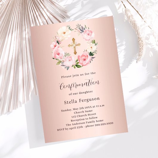 Invitation Rose or rose florales croix Confirmation