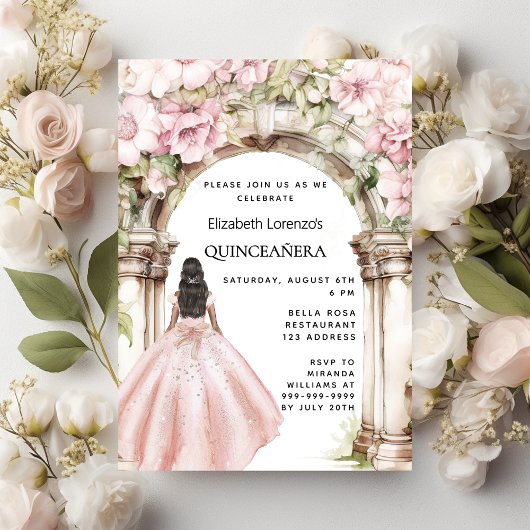 Invitation Rose or rose florales robe d'arc Quinceanera