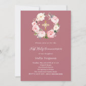 Invitation Rose or rose floraux croiser fille Première commun (Devant)