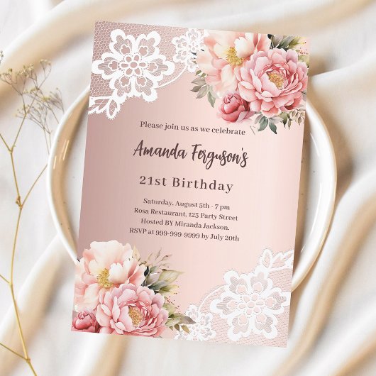 Invitation Rose or rose floraux dentelle luxe anniversaire