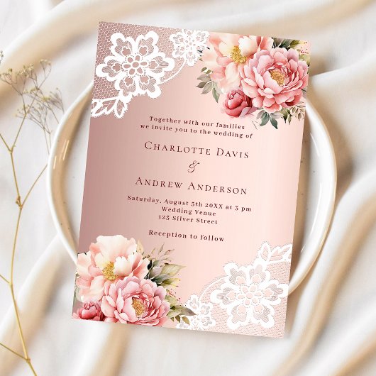 Invitation Rose or rose floraux dentelle mariage