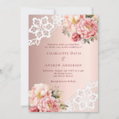 Invitation Rose or rose floraux dentelle mariage (Devant)