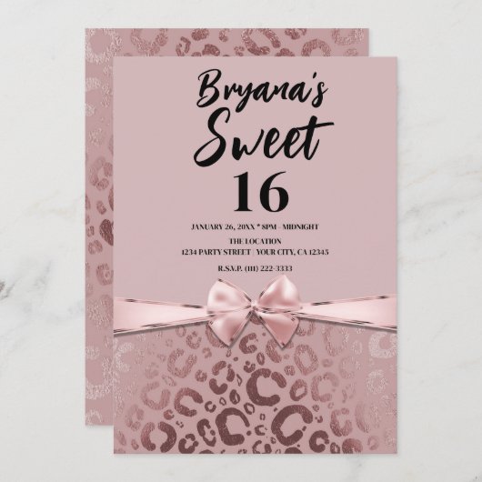 Invitation Rose or rose glam Empreinte de léopard Sweet 16 (Devant / Derrière)