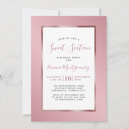 Invitation Rose Or rose huile Frame Sweet 16 Anniversaire (Devant)