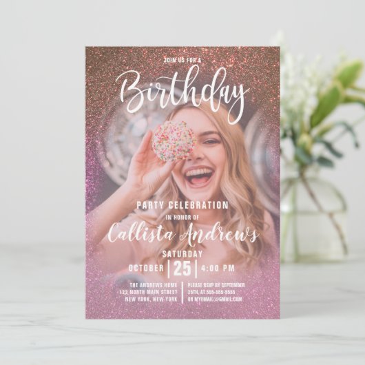 Invitation Rose or rose triple Parties scintillant Ombre phot (Debout devant)