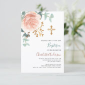 Invitation Rose or rose verdure or croix d'or baptême (Debout devant)