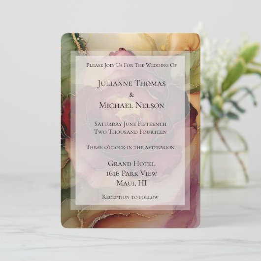Invitation Rose or rouge Bourgogne Floral Mariage (Debout devant)