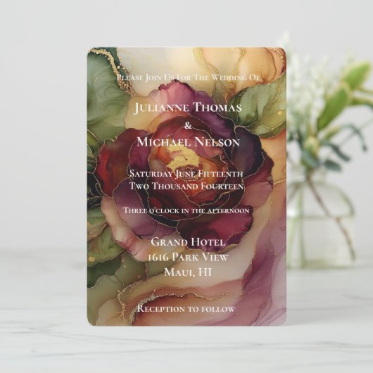 Invitation Rose or rouge Bourgogne Floral Mariage II (Debout devant)