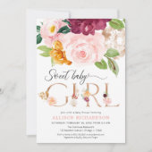 Invitation Rose or rousse bourgogne floral fille baby shower (Devant)