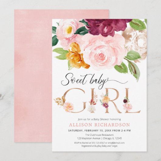 Invitation Rose or rousse bourgogne floral fille baby shower (Devant / Derrière)