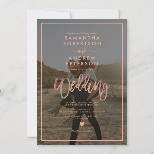 Invitation Rose or script cadre photo mariage (Devant)