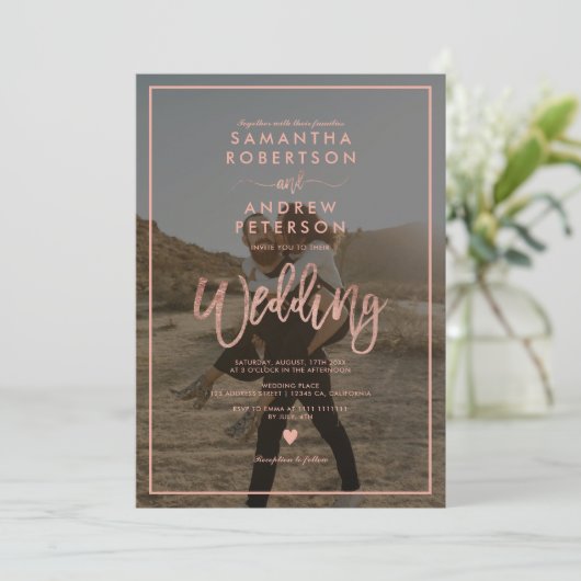 Invitation Rose or script cadre photo mariage (Debout devant)