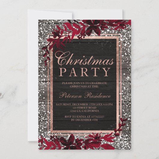 Invitation Rose or script feuille rouge neige bois Noël (Devant)