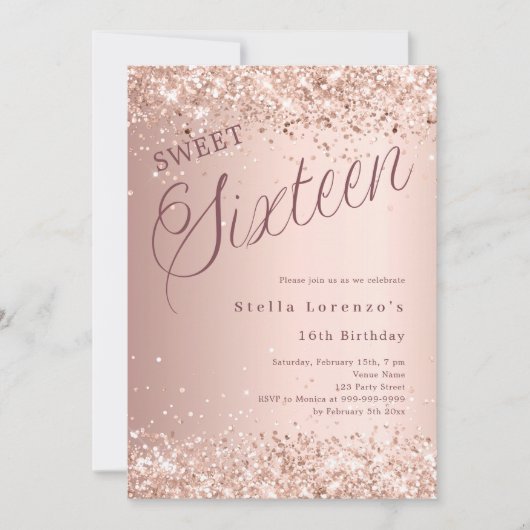 Invitation Rose or script parties scintillant Sweet 16 (Devant)