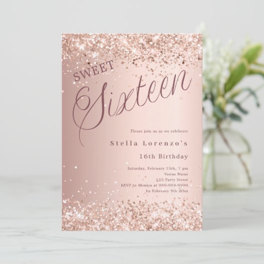 Invitation Rose or script parties scintillant Sweet 16 (Debout devant)