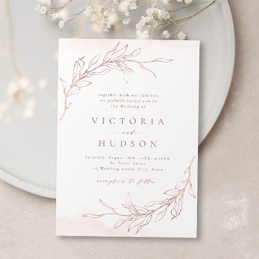 Invitation Rose or simple botanique couronne rustique mariage