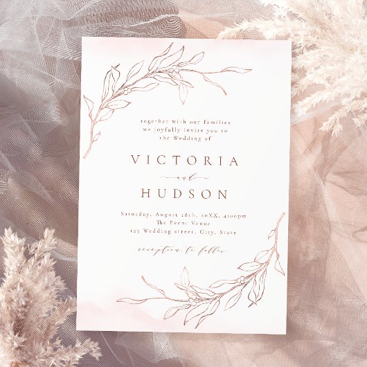 Invitation Rose or simple botanique couronne rustique mariage