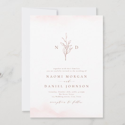 Invitation Rose or simple botanique monogramme rustique maria (Devant)