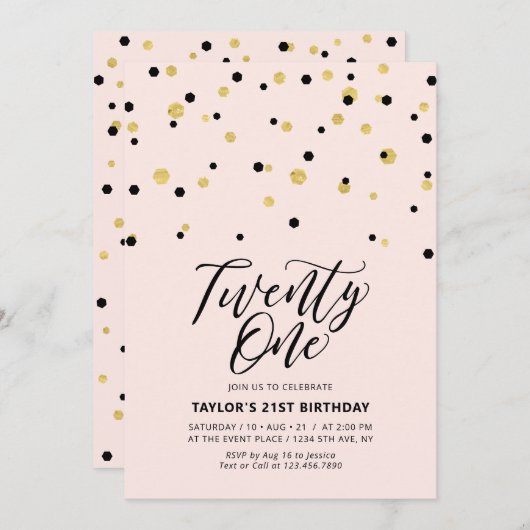 Invitation Rose & Or Simple Vingt et un 21ème anniversaire fê (Devant / Derrière)