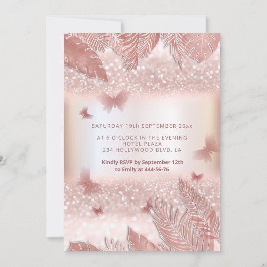 Invitation Rose or tropical feuille parties scintillant papil (Dos)