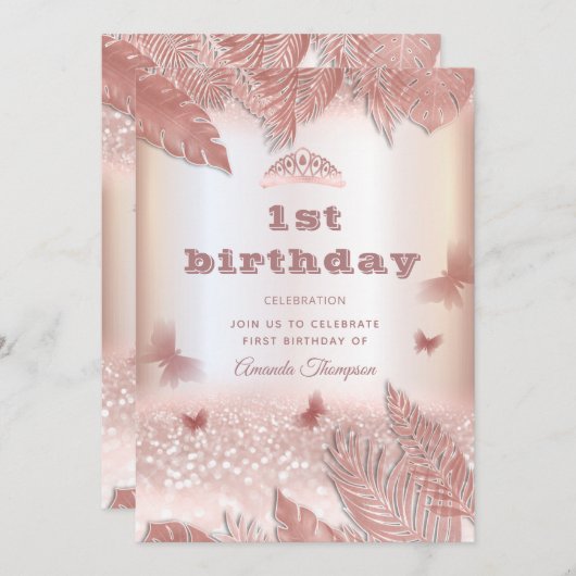 Invitation Rose or tropical feuille parties scintillant papil (Devant / Derrière)