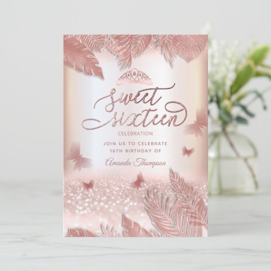 Invitation Rose or tropical feuille parties scintillant papil (Debout devant)