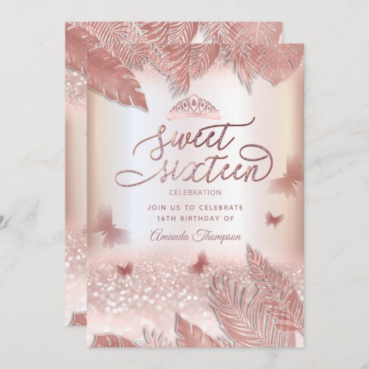 Invitation Rose or tropical feuille parties scintillant papil (Devant / Derrière)