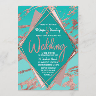 Invitation Rose or Turquoise marbre vert Diamant Mariage