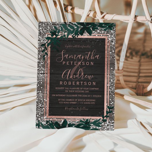 Invitation Rose or typographie feuille neige bois mariage