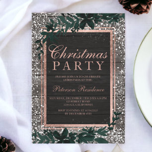 Invitation Rose or typographie feuille neige bois Noël