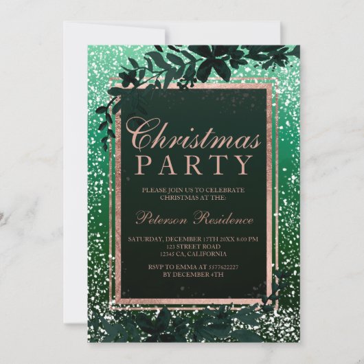 Invitation Rose or typographie feuille neige verte Noël (Devant)