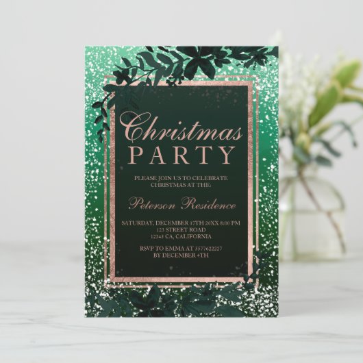 Invitation Rose or typographie feuille neige verte Noël (Debout devant)