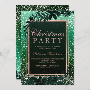 Invitation Rose or typographie feuille neige verte Noël