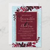 Invitation Rose or typographie feuille rouge neige bleu maria (Devant)