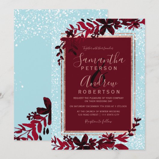 Invitation Rose or typographie feuille rouge neige bleu maria (Devant / Derrière)