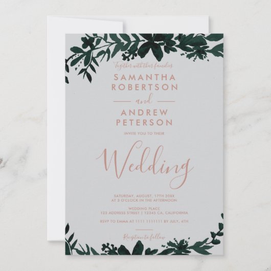 Invitation Rose or typographie vert Floral gris mariage (Devant)