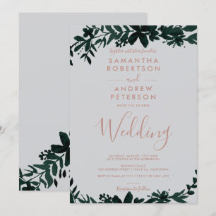 Invitation Rose or typographie vert Floral gris mariage