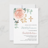 Invitation Rose or verdure croix première communion sainte (Devant)