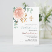 Invitation Rose or verdure croix première communion sainte (Debout devant)
