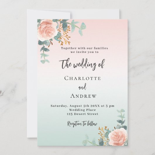 Invitation Rose or vert floraux mariage (Devant)