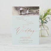 Invitation Rose or vert script élégant 2 photos mariage (Debout devant)