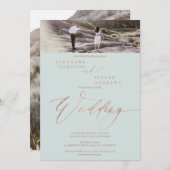 Invitation Rose or vert script élégant 2 photos mariage (Devant / Derrière)