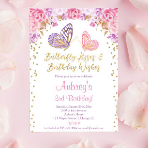 Invitation Rose or violet élégant papillon fille anniversaire