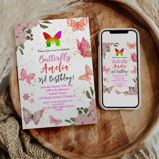 Invitation Rose or violet élégant papillon fille anniversaire