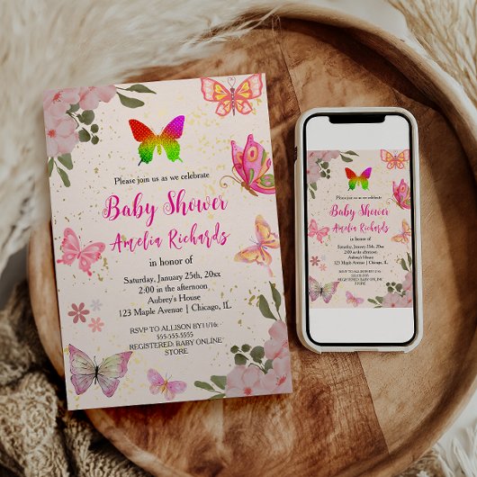 Invitation Rose or violet élégant papillon fille anniversaire