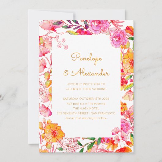 Invitation Rose Orange Aquarelle Fleurs Script Mariage chic (Devant)