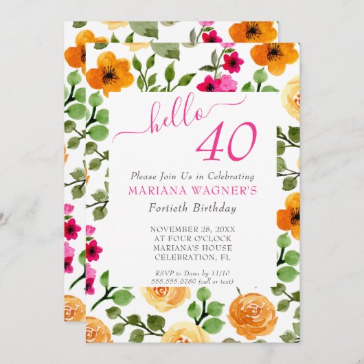 Invitation Rose Orange Floral Élégant Script 40e Anniversaire (Devant / Derrière)