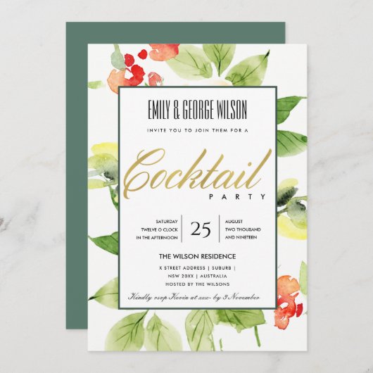 INVITATION ROSE ORANGE ROUGE AQUARELLE FLORAL COCKTAIL PARTY (Devant / Derrière)